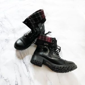 Plaid-Lined Foldover Combat Boots - Size 6.5 Women's